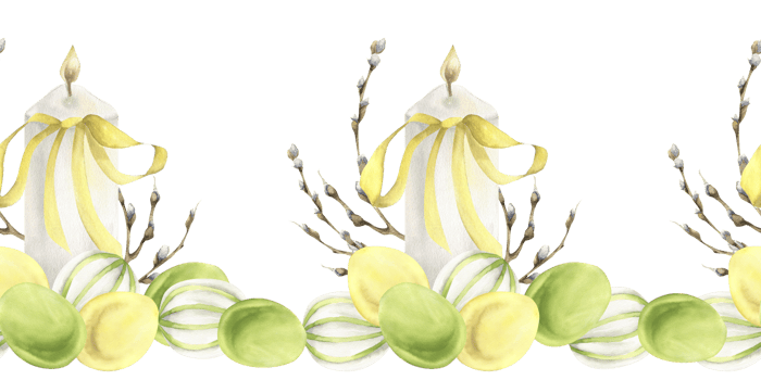 Spring Easter floral seamless border with white candles and colorful eggs decorated with willow branches watercolor illustration.Religious banner, traditional symbol for textile,fabric, packing design png