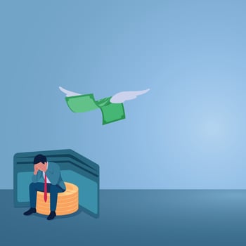 A man sits depressed on coins near a wallet with money flying out. Illustration of overspending, big spending, excessive shopping. vector