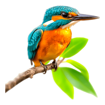 Vibrant Colorful Kingfisher Bird Perched on a Green Leafy Branch png