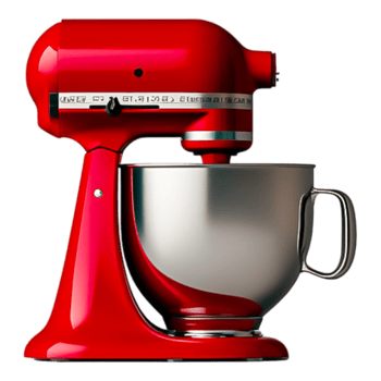 Bright Red Stand Mixer with Stainless Steel Bowl in Kitchen Setting png