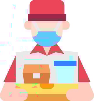 A man wearing a mask and holding a box with food vector