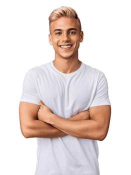 A Mixed race young adult man with blond short hair, brown eyes, wearing casual, showing happiness with a bright smile png