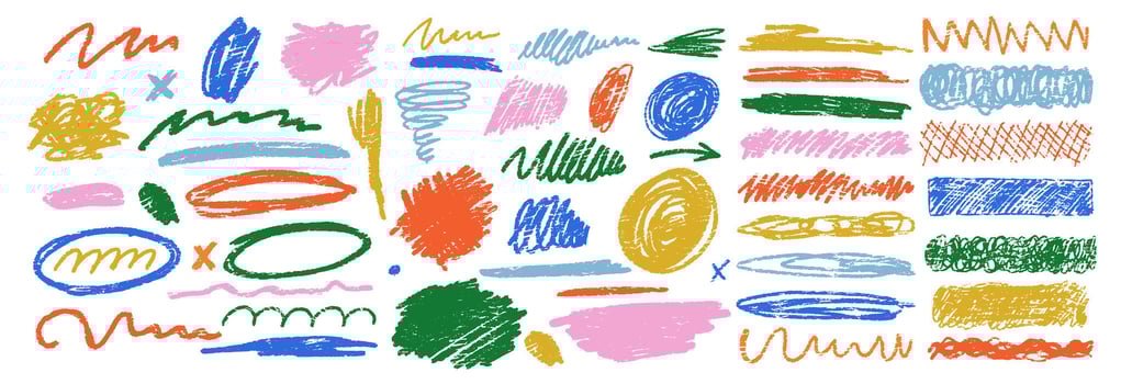 Scribble charcoal strokes set with crayon or pastel texture. Charcoal pencil curly lines and squiggles, swirls and spirals. Colorful illustration on a white background. vector