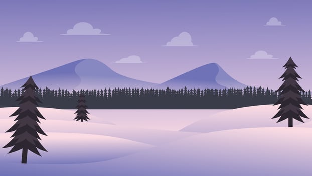 Flat winter landscape with mountain, pine tree, and night scene vector