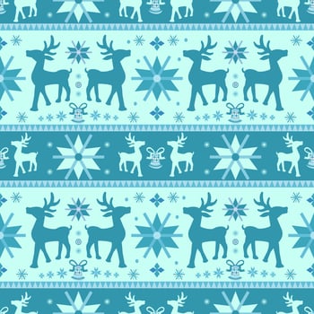 Drawing of reindeer in fabric style on blue background seamless pattern. vector