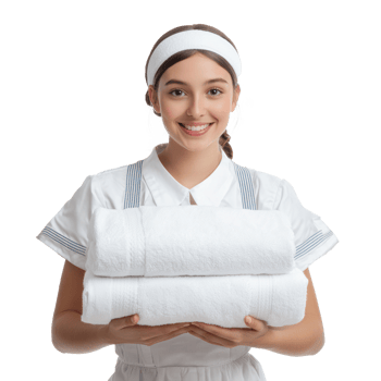 Young female chambermaid holding white towels isolate on transparency background png