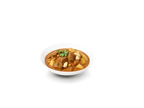 Mussaman curry with tender beef, potatoes, and peanuts, rich yellow, brown, and red tones, isolated on transparent png