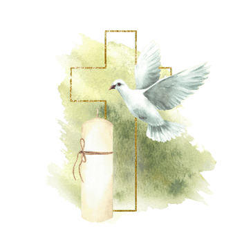 Cross with white dove and a church candle on watercolor green splashes stains background Hand drawn illustration. Flying pigeon bird with gold framed cross for baptism or first communion card Isolated png