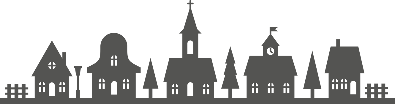 Silhouette of houses on skyline. Neighborhood row of homes. Small black village cottages. Christmas rural landscape with church and fur trees. Cute country buildings png
