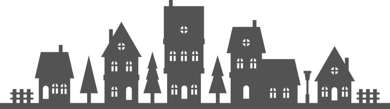 Silhouette of houses on skyline. Neighborhood row of homes. Small black village cottages. Christmas rural landscape with fur trees. Cute country buildings. png