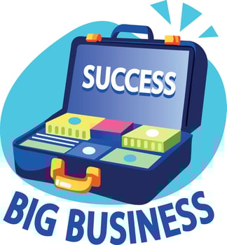 Open money briefcase with text big business success, flat sticker vector