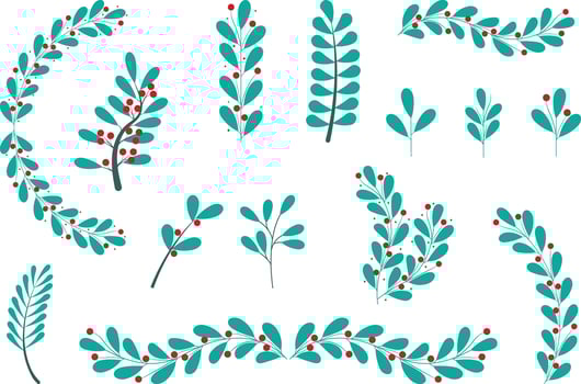 Set Of Red Cherries And Green Leaves For Decorating Wreaths vector