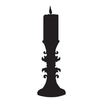 Candlestick with burning candle. Silhouette icon. Candle holder. graphics illustration. Antique lamp, Christmas vintage accessories. Isolated clipart for postcard, wedding, ceremony, rituals. vector