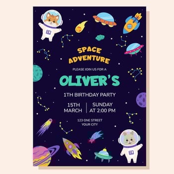 Space invitation for birthday party. Space elements and animals astronauts bunny and fox. Poster, postcard, greeting card. vector