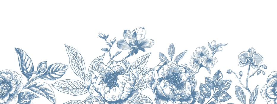 Botanical blue wedding seamless borer with flower on white background. Hand drawn floral, flower and leaf branch in toile de jouy style. Line art for wedding invitation, greeting birthday cards vector