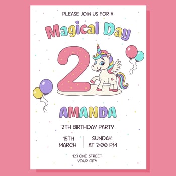 Unicorn invitation. Birthday party invitation card with unicorn and birthday anniversary number. vector