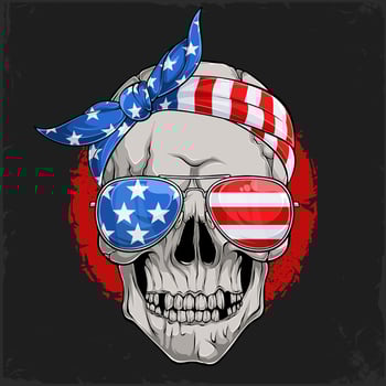 Hand drawn human skull head wearing American flag colors USA sun glasses and bandana on top vector