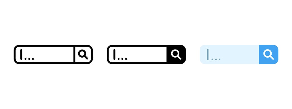 Search bar icon. Web browser search bar navigation element. Finder button. Search form field with magnifier glass pictogram. Website address frame concept. vector