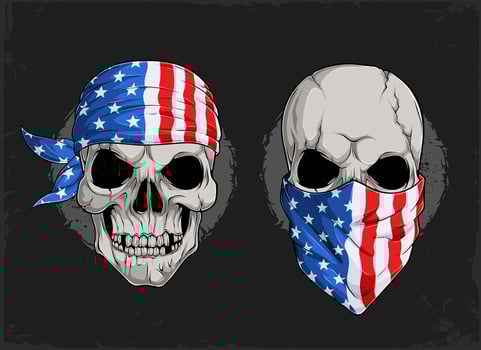 Hand drawn human skull heads wearing American bandana and balaclava, USA skull with bandana and mask vector