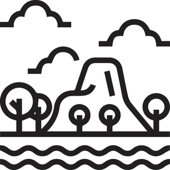 A black and white illustration of a mountain and trees with water vector