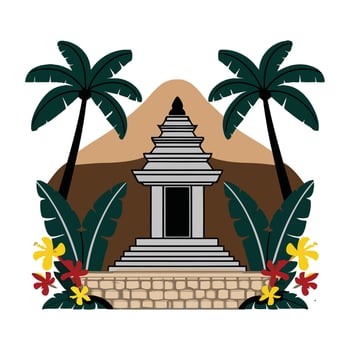 A temple with palm trees and flowers on a white background vector