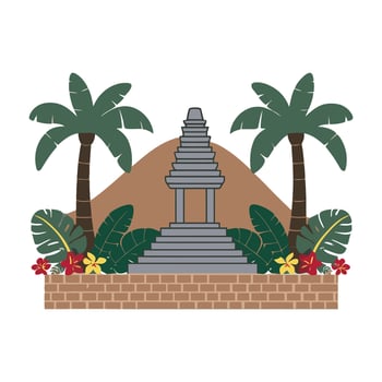 An illustration of a temple with palm trees and a mountain vector