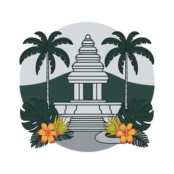 A temple with palm trees and flowers in front of it vector