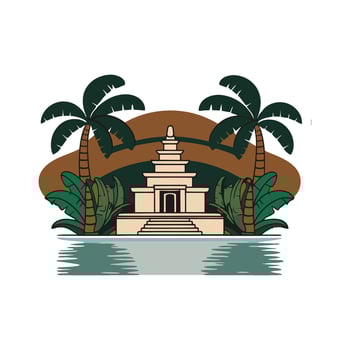 A temple with palm trees and water in the background vector