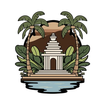An image of a temple with palm trees and water vector