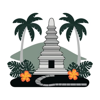 A temple with palm trees and flowers on a white background vector