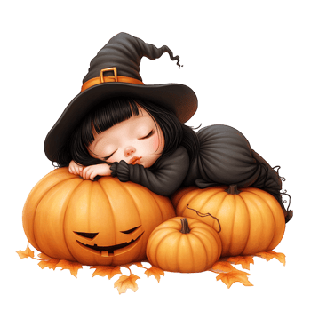 Cute Sleeping Witch with Pumpkins png