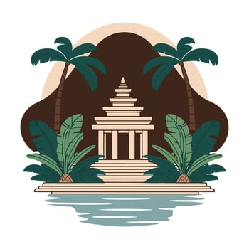 An illustration of a temple with palm trees and water vector