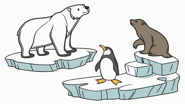 Arctic Wildlife Scene Featuring Polar Bears, Seals, and Ice vector