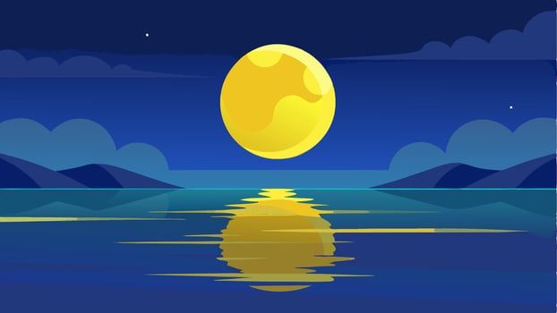 Beatiful night at sea with big yellow moon, beatiful landscape island, wallpaper background or design vector