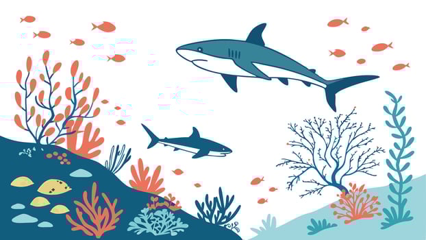 Underwater Scene with Sharks, Corals, and Schools of Fish vector