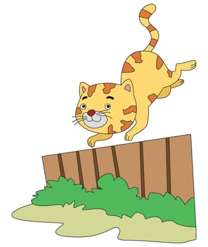 cartoon scene with a cat jumping over wooden fence vector