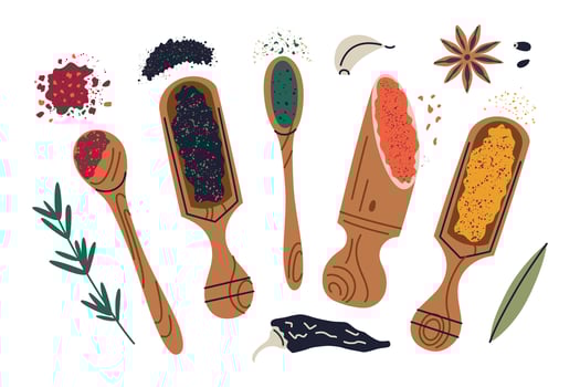 Colorful illustration of spices and herbs, doodle set with wooden spoons and scoops, turmeric ground, chili, garlic, and anise. Flat cartoon design, ideal for cooking, food, and kitchen themes vector