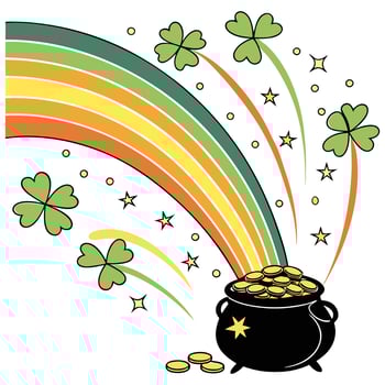 Pot of Gold Burst Design with Rainbow, Clovers, and Sparkles for St. Patrick s Day Art vector
