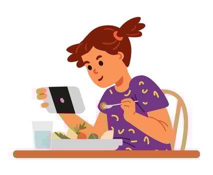 Girl eating lunch and using smartphone flat illustration isolated on white. Gadget addiction problem. vector