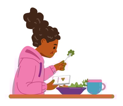 African American girl eating and watching on smartphone flat illustration isolated on white. Gadget addiction problem. vector
