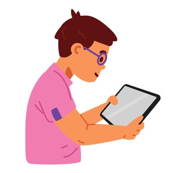 Boy wearing glasses playing with tablet flat illustration isolated on white. Gadget addiction. vector