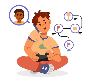 Boy playing game with his friend talking to him by phone flat illustration with icons and symbols. vector