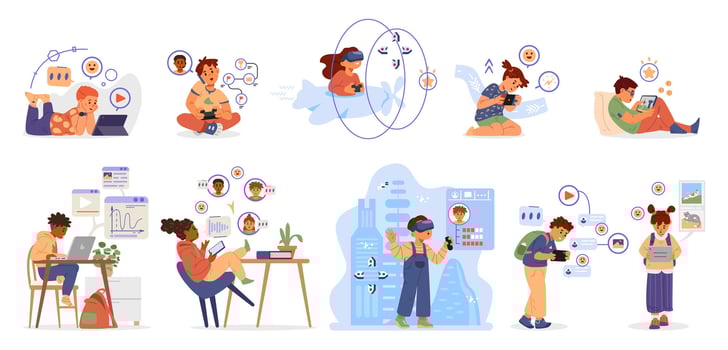 Different children addicted to gadgets surrounded with icons and symbols flat illustrations set. Kids using laptop, smartphones, virtual reality glasses, tablets, gamepads, computer. vector