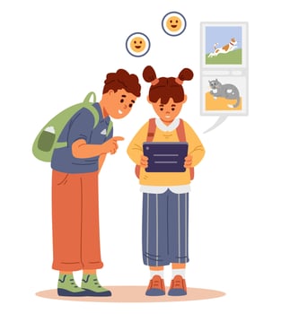 School boy and girl watching viral content on tablet flat illustration isolated on white. Children social media addiction concept. vector