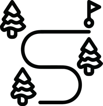 A black and white illustration of route with trees and destination points vector