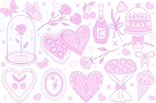 Valentine's Day cute collection. Pink girly coquette y2k aesthetic set, elegant vintage accessory. Lovely cute collection, red cherrie, pink ribbon, bow, heart, cupid. illustration vector