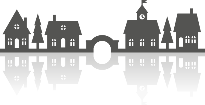 Silhouette of neighborhood houses. Small homes and buildings on skyline. Christmas town and village with reflection. Row of cottages on the street with fir trees png