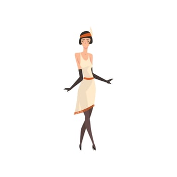 Elegant Woman in White Retro Dress, Black Stockings and Gloves, Beautiful Flapper Girl of 1920s, Art Deco Style Illustration vector