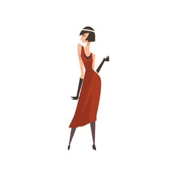 Elegant Woman in Red Retro Dress, Beautiful Flapper Girl of 1920s, Art Deco Style Illustration vector