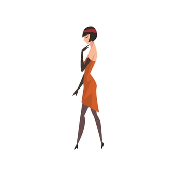 Elegant Brunette Woman in Red Retro Dress, Beautiful Flapper Girl of 1920s, Art Deco Style Illustration vector